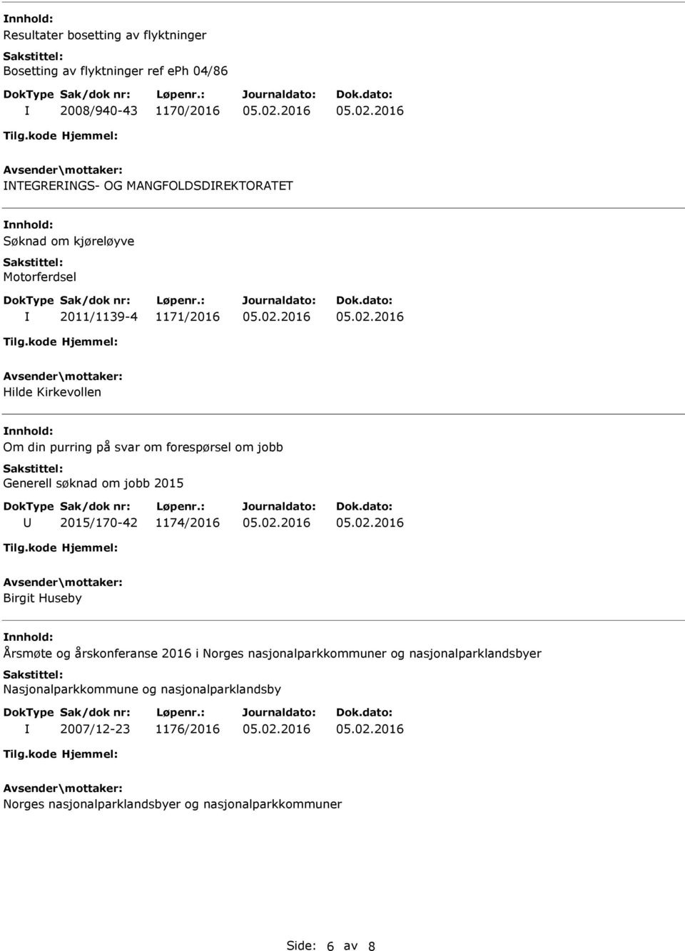 søknad om jobb 2015 2015/170-42 1174/2016 Birgit Huseby Årsmøte og årskonferanse 2016 i Norges nasjonalparkkommuner og