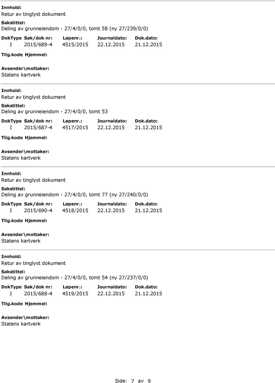 Deling av grunneiendom - 27/4/0/0, tomt 77 (ny 27/240/0/0) 2015/690-4