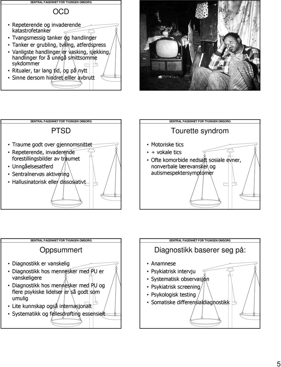 Unngåelsesatferd Sentralnervøs aktivering Hallusinatorisk eller dissosiativt Tourette syndrom Motoriske tics + vokale tics Ofte komorbide nedsatt sosiale evner, nonverbale lærevansker og