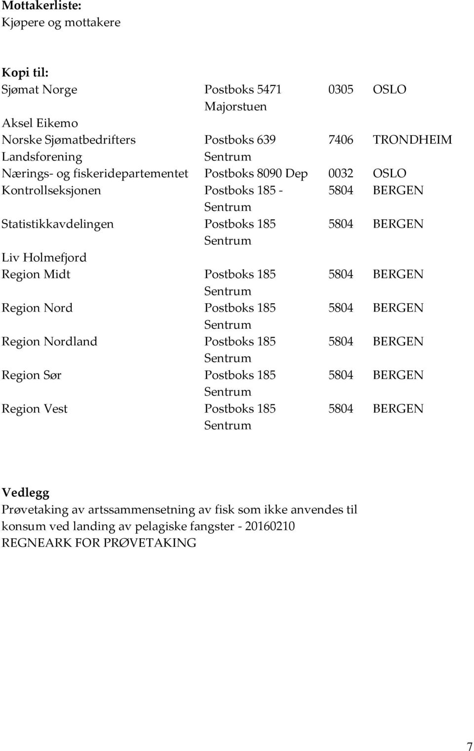 Holmefjord Region Midt Postboks 185 5804 BERGEN Region Nord Postboks 185 5804 BERGEN Region Nordland Postboks 185 5804 BERGEN Region Sør Postboks 185 5804 BERGEN Region