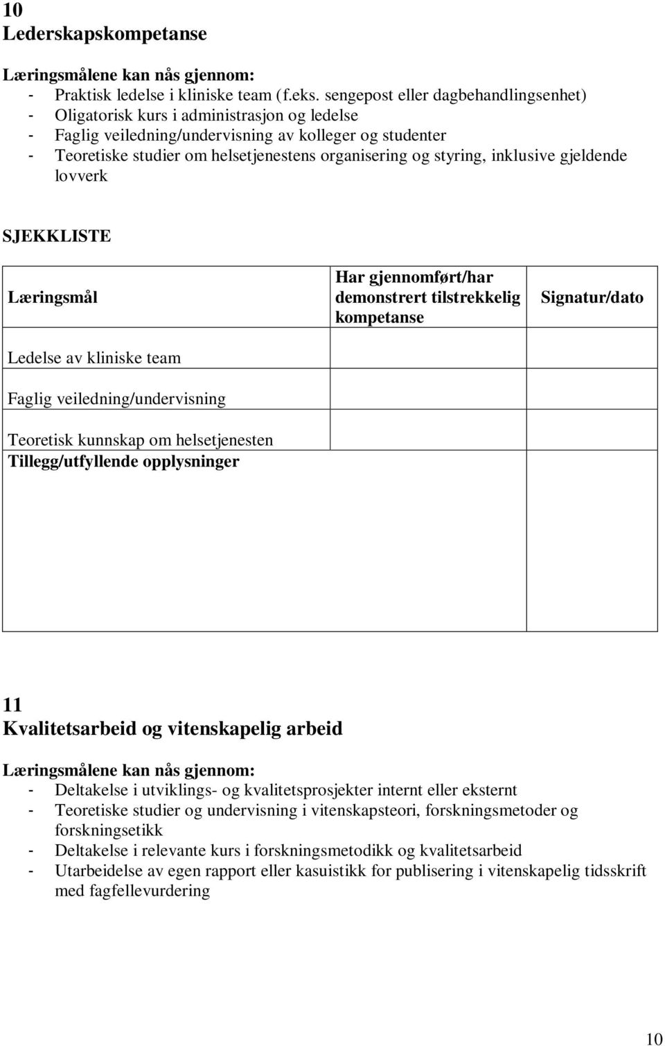 gjeldende lovverk Ledelse av kliniske team Faglig veiledning/undervisning Teoretisk helsetjenesten Tillegg/utfyllende opplysninger r gjennført/har demonstrert tilstrekkelig kpetanse 11