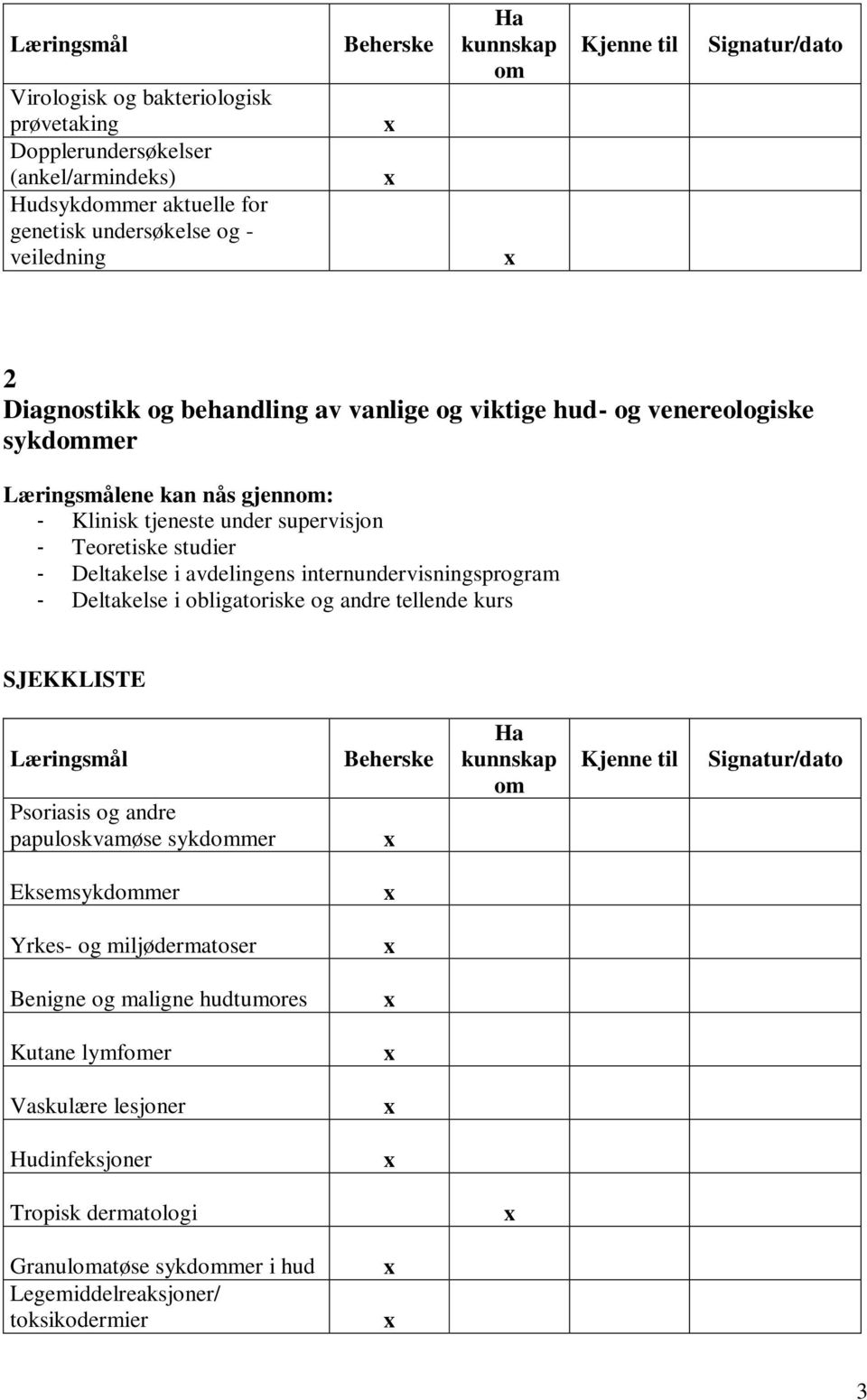 obligatoriske og andre tellende kurs Psoriasis og andre papuloskvamøse sykdmer Eksemsykdmer Yrkes- og miljødermatoser Benigne og