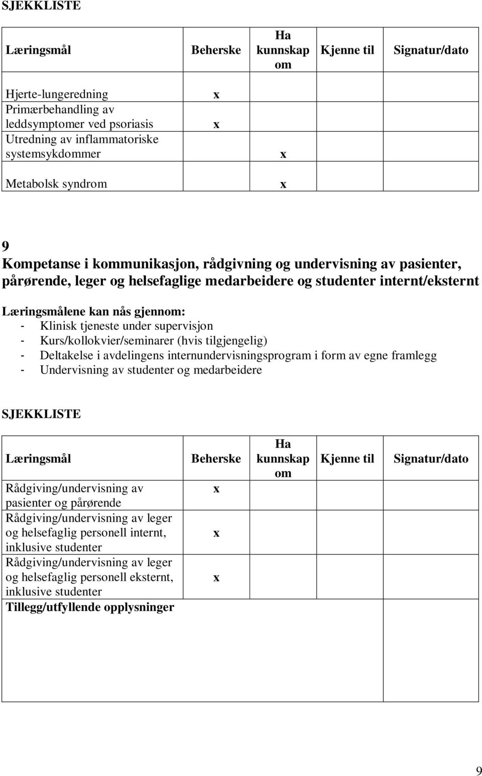 tilgjengelig) i form av egne framlegg - Undervisning av studenter og medarbeidere Rådgiving/undervisning av pasienter og pårørende Rådgiving/undervisning av leger