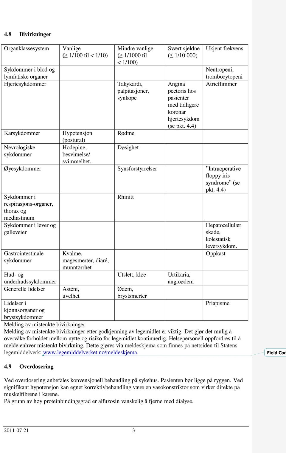 4) Ukjent frekvens Neutropeni, trombocytopeni Atrieflimmer Karsykdommer Hypotensjon Rødme (postural) Nevrologiske Hodepine, Døsighet sykdommer besvimelse/ svimmelhet.