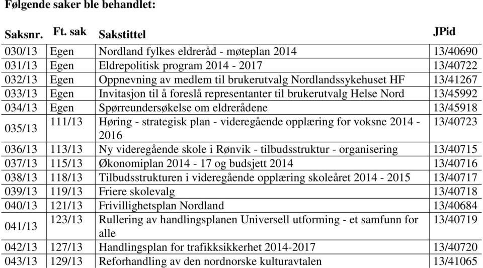 Nordlandssykehuset HF 13/41267 033/13 Egen Invitasjon til å foreslå representanter til brukerutvalg Helse Nord 13/45992 034/13 Egen Spørreundersøkelse om eldrerådene 13/45918 035/13 111/13 Høring -