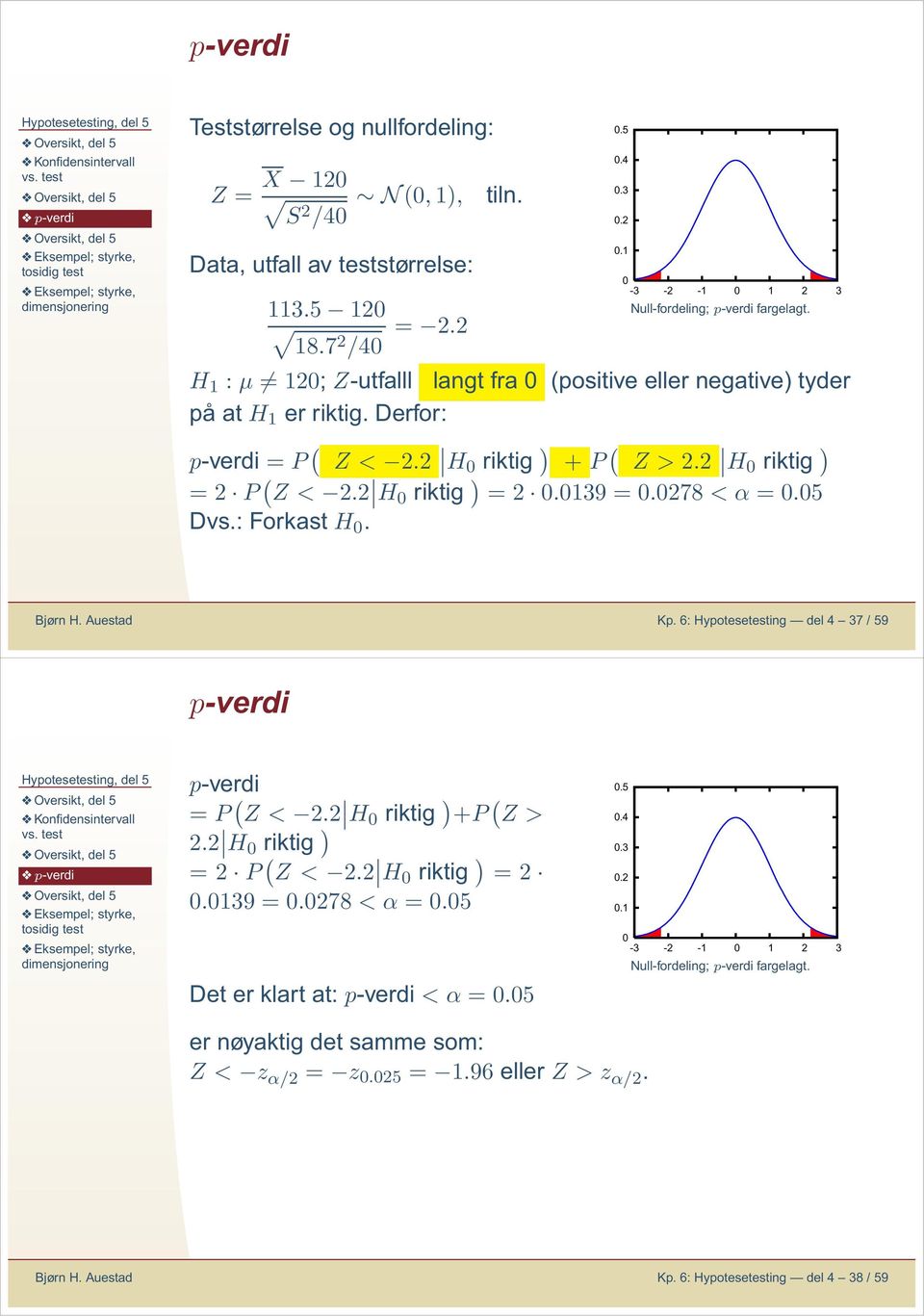 05 Dvs.: Forkast H 0. Bjør H. Auestad Kp. 6: Hypotesetestig del 4 37 / 59 p-verdi p-verdi = P ( Z< 2.2 H0 riktig +P ( Z> 2.2 H0 riktig =2 P ( Z< 2.2 H 0 riktig =2 0.0139 = 0.0278 <α=0.