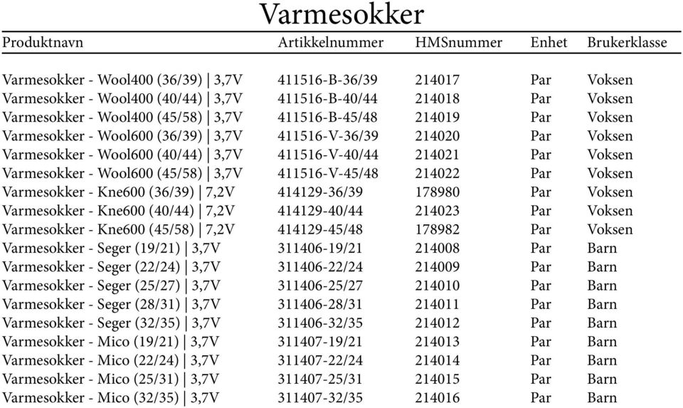 Varmesokker - Seger (25/27) 3,7V Varmesokker - Seger (28/31) 3,7V Varmesokker - Seger (32/35) 3,7V Varmesokker - Mico (19/21) 3,7V Varmesokker - Mico (22/24) 3,7V Varmesokker - Mico (25/31) 3,7V