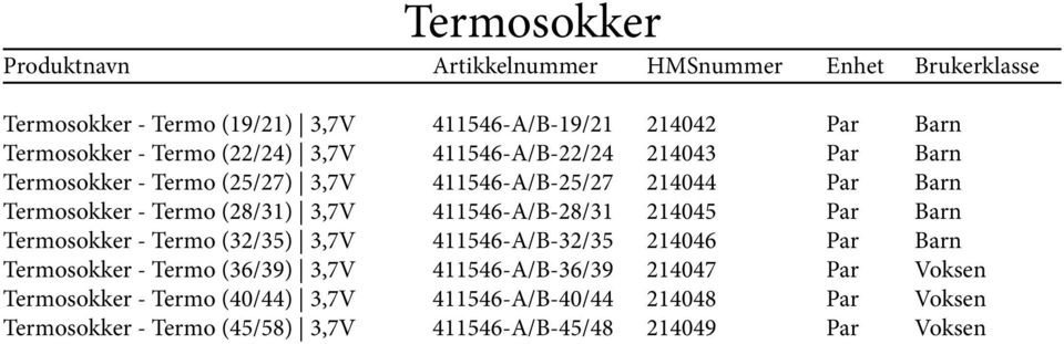 Termo (40/44) 3,7V Termosokker - Termo (45/58) 3,7V 411546-A/B-19/21 411546-A/B-22/24 411546-A/B-25/27