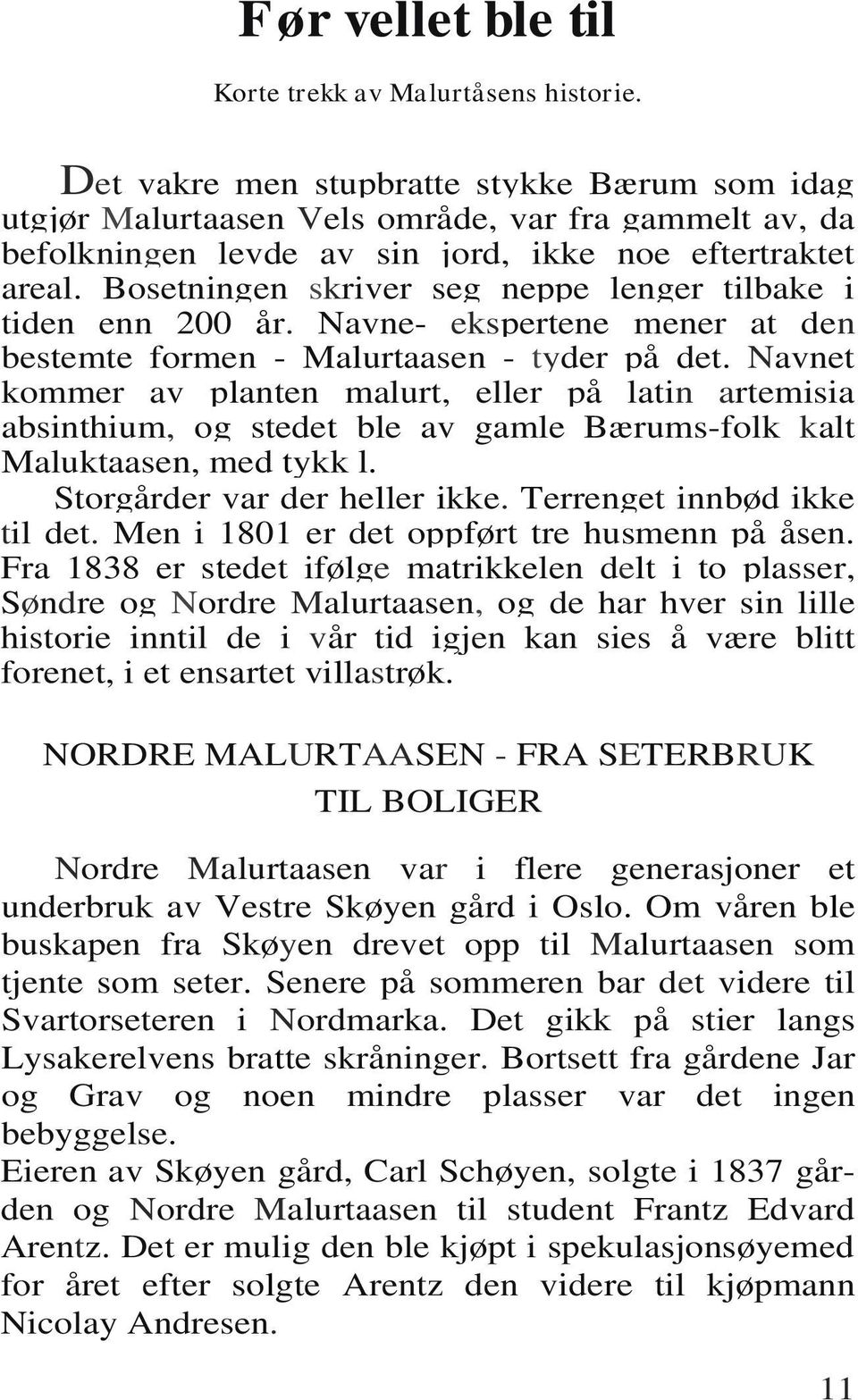 Bosetningen skriver seg neppe lenger tilbake i tiden enn 200 år. Navne- ekspertene mener at den bestemte formen - Malurtaasen - tyder på det.