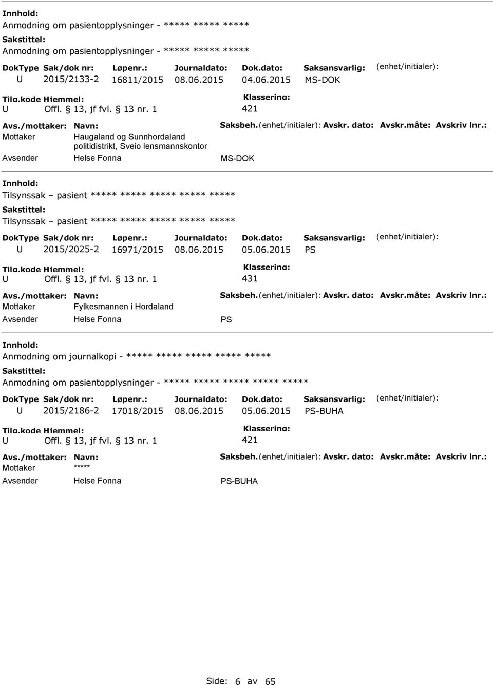 : Mottaker Haugaland og Sunnhordaland politidistrikt, Sveio lensmannskontor Tilsynssak pasient ***** Tilsynssak pasient ***** 2015/2025-2 16971/2015 05.06.2015 S 431 Avs.