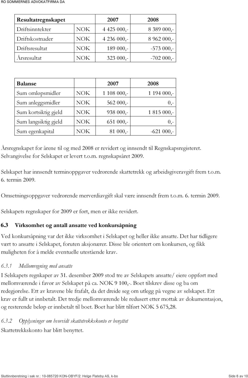 egenkapital NOK 81 000,- -621 000,- Årsregnskapet for årene til og med 2008 er revidert og innsendt til Regnskapsregisteret. Selvangivelse for Selskapet er levert t.o.m. regnskapsåret 2009.