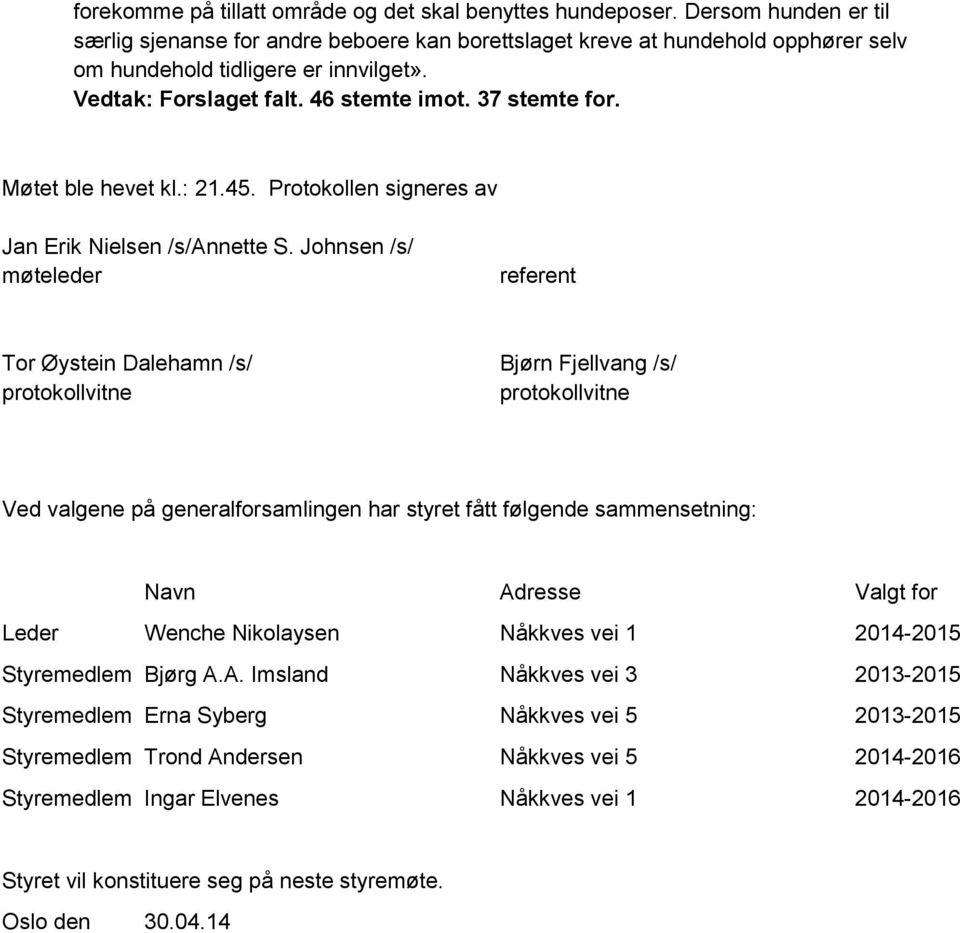 Møtet ble hevet kl.: 21.45. Protokollen signeres av Jan Erik Nielsen /s/annette S.