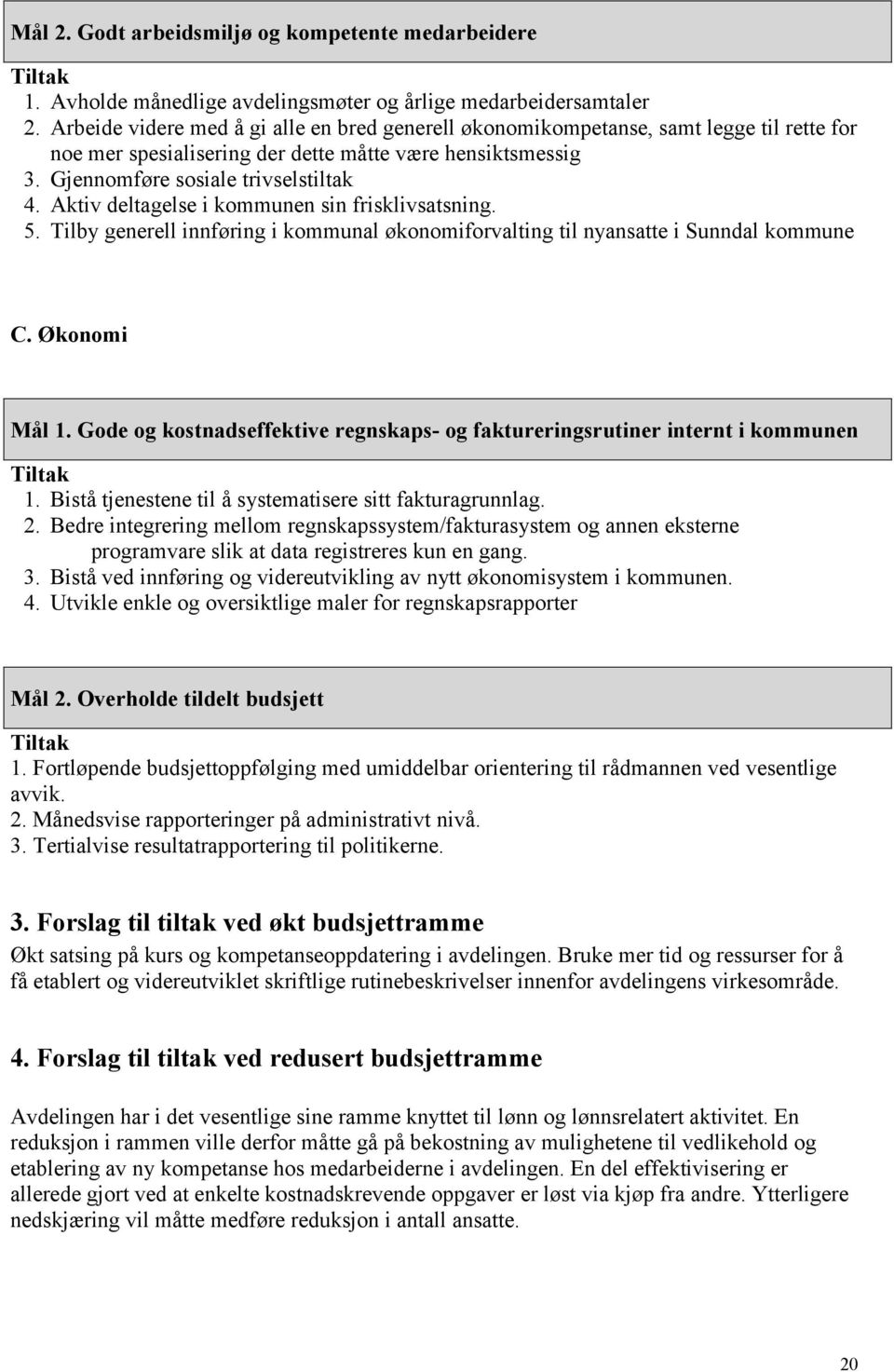 Aktiv deltagelse i kommunen sin frisklivsatsning. 5. Tilby generell innføring i kommunal økonomiforvalting til nyansatte i Sunndal kommune C. Økonomi Mål 1.