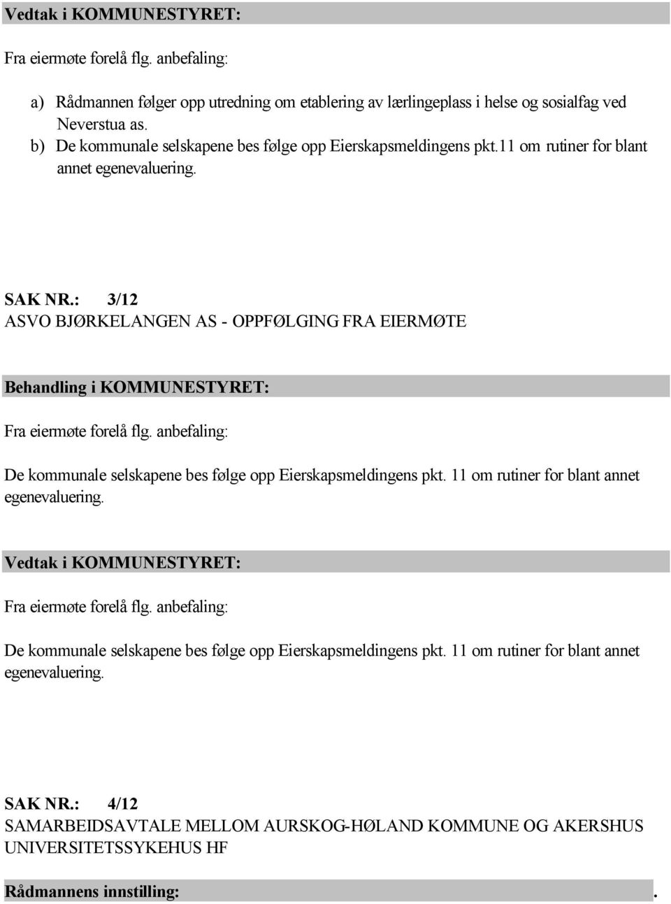 : 3/12 ASVO BJØRKELANGEN AS - OPPFØLGING FRA EIERMØTE Behandling i KOMMUNESTYRET: Fra eiermøte forelå flg. anbefaling: De kommunale selskapene bes følge opp Eierskapsmeldingens pkt.