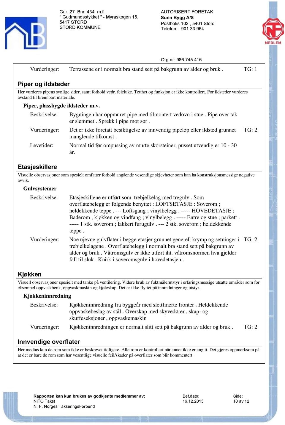 Det er ikke foretatt besiktigelse av innvendig pipeløp eller ildsted grunnet manglende tilkomst. Levetider: Normal tid før ompussing av murte skorsteiner, pusset utvendig er 10-30 år.