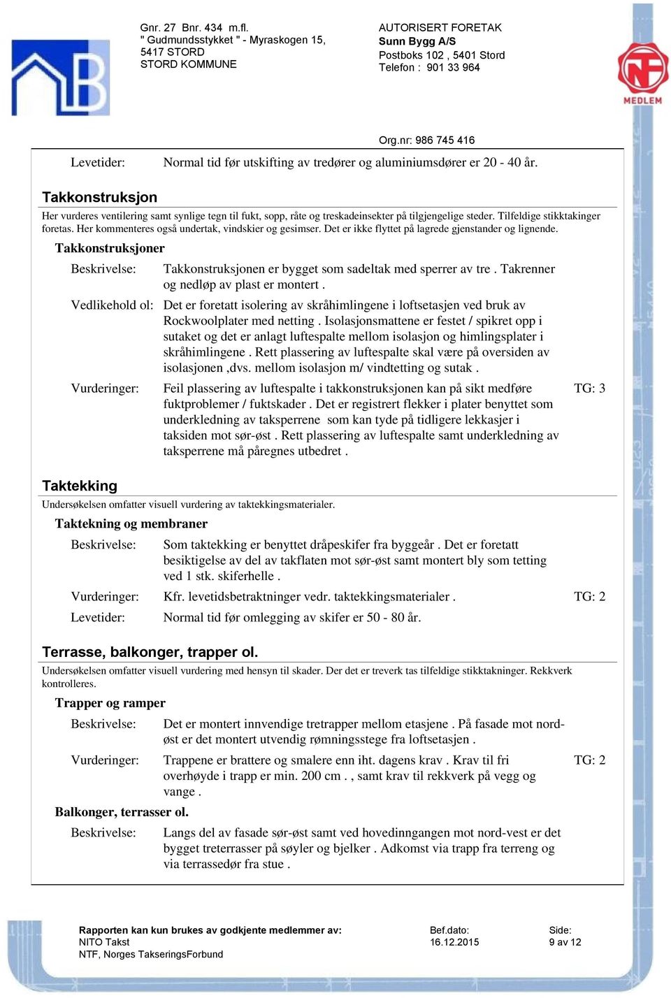 Her kommenteres også undertak, vindskier og gesimser. Det er ikke flyttet på lagrede gjenstander og lignende. Takkonstruksjoner Takkonstruksjonen er bygget som sadeltak med sperrer av tre.