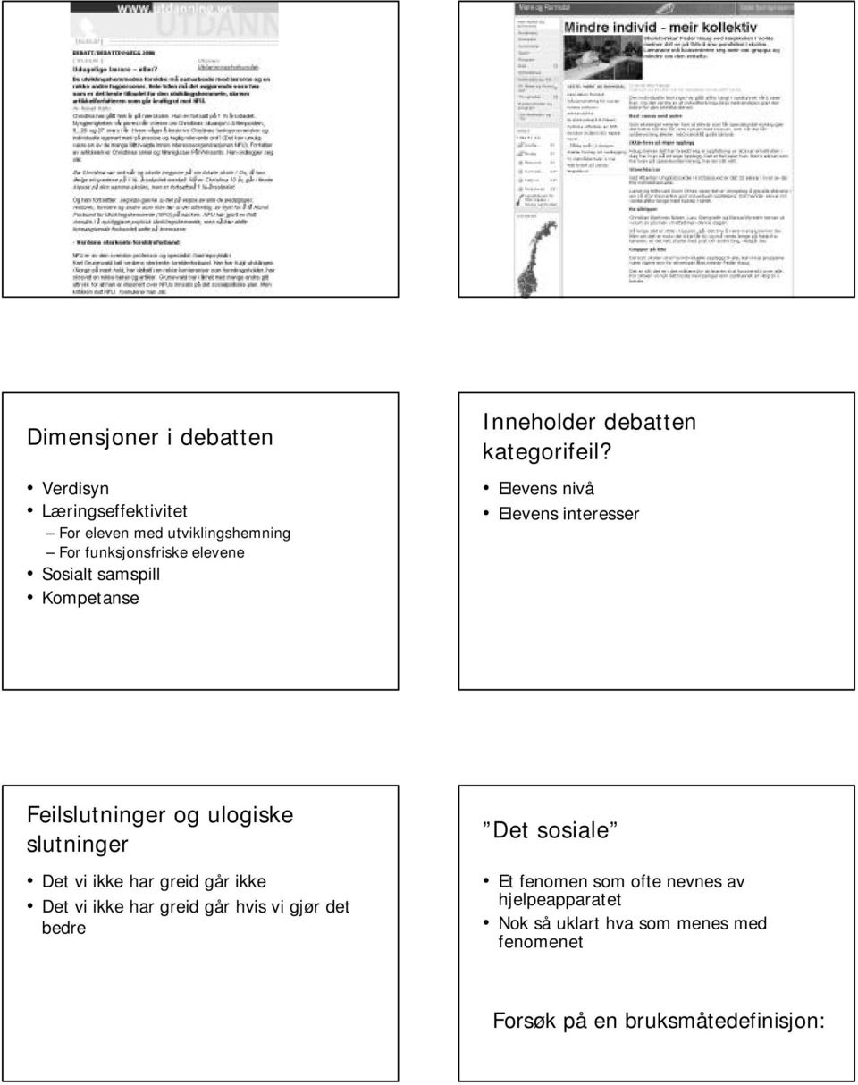 Elevens nivå Elevens interesser Feilslutninger og ulogiske slutninger Det vi ikke har greid går ikke Det vi ikke