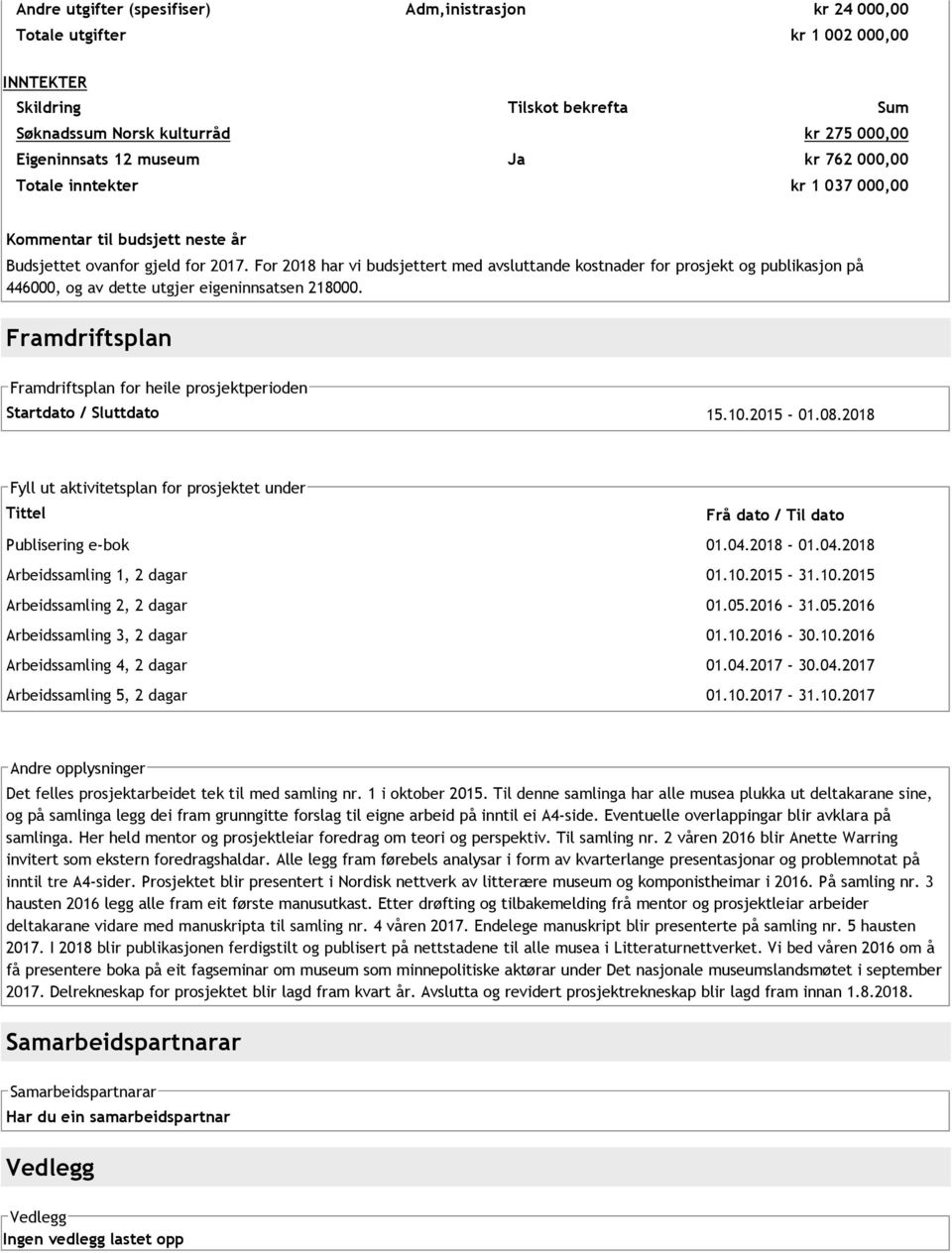 For 2018 har vi budsjettert med avsluttande kostnader for prosjekt og publikasjon på 446000, og av dette utgjer eigeninnsatsen 218000.