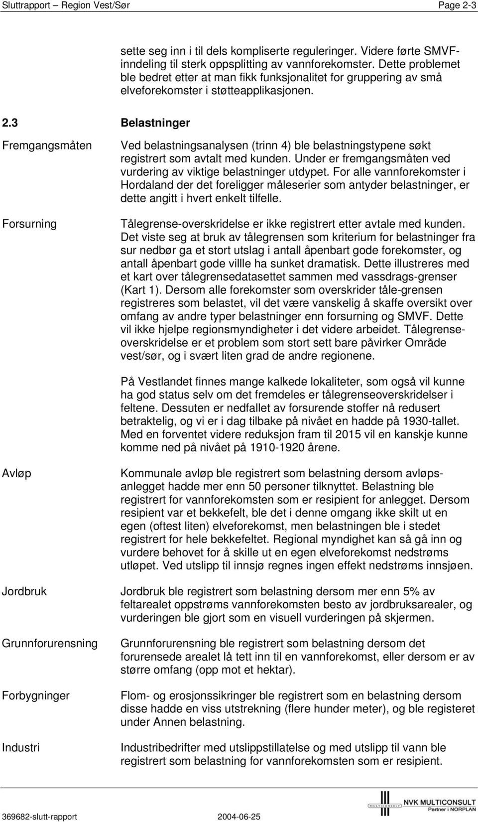 3 Belastninger Fremgangsmåten Forsurning Ved belastningsanalysen (trinn 4) ble belastningstypene søkt registrert som avtalt med kunden.