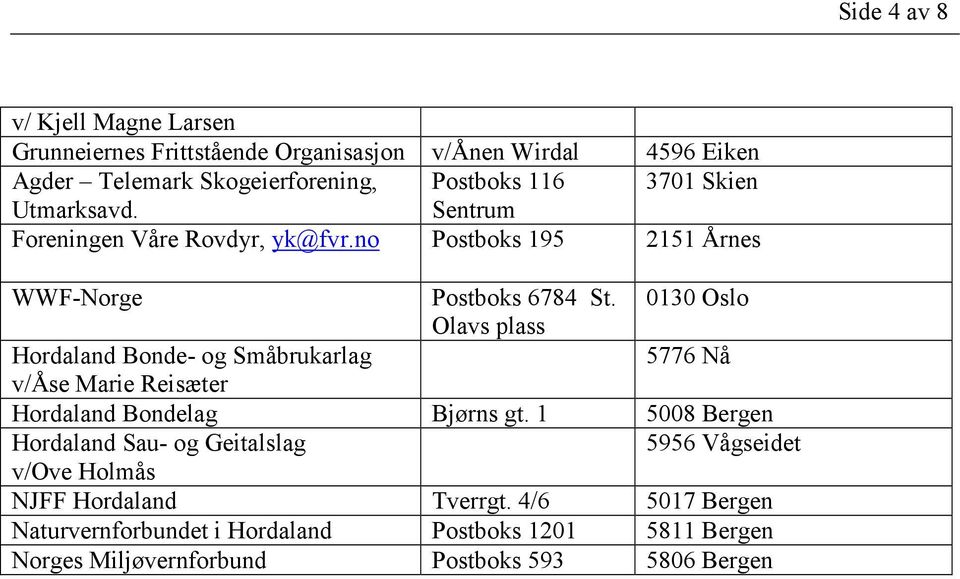 0130 Oslo Olavs plass Hordaland Bonde- og Småbrukarlag 5776 Nå v/åse Marie Reisæter Hordaland Bondelag Bjørns gt.