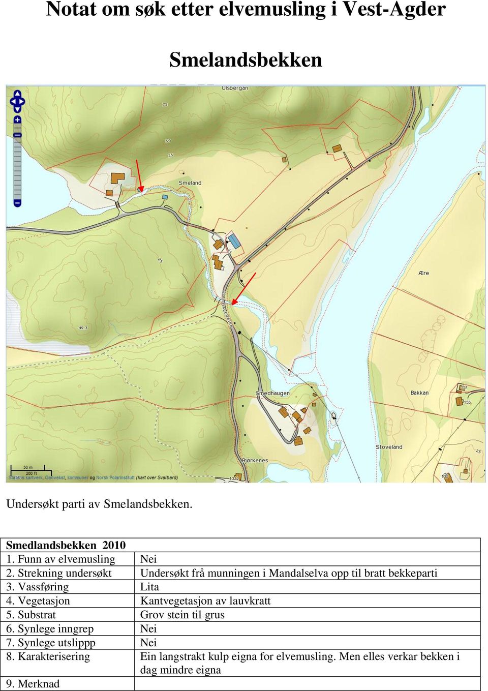 Vegetasjon Kantvegetasjon av lauvkratt 5. Substrat Grov stein til grus 6. Synlege inngrep Nei 7.