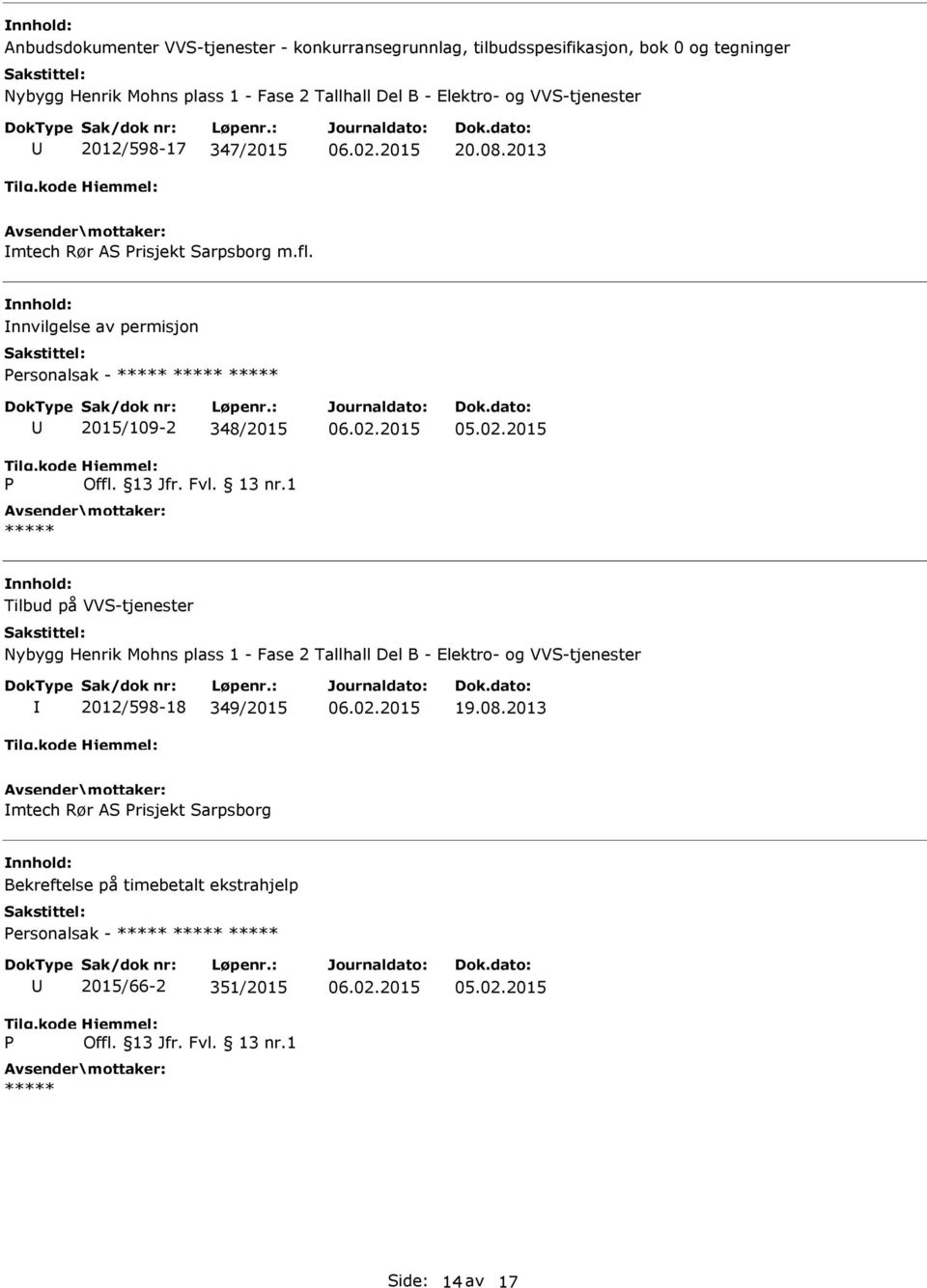 nnvilgelse av permisjon ersonalsak - 2015/109-2 348/2015 Tilbud på VVS-tjenester Nybygg Henrik Mohns plass 1 - Fase 2 Tallhall Del B -