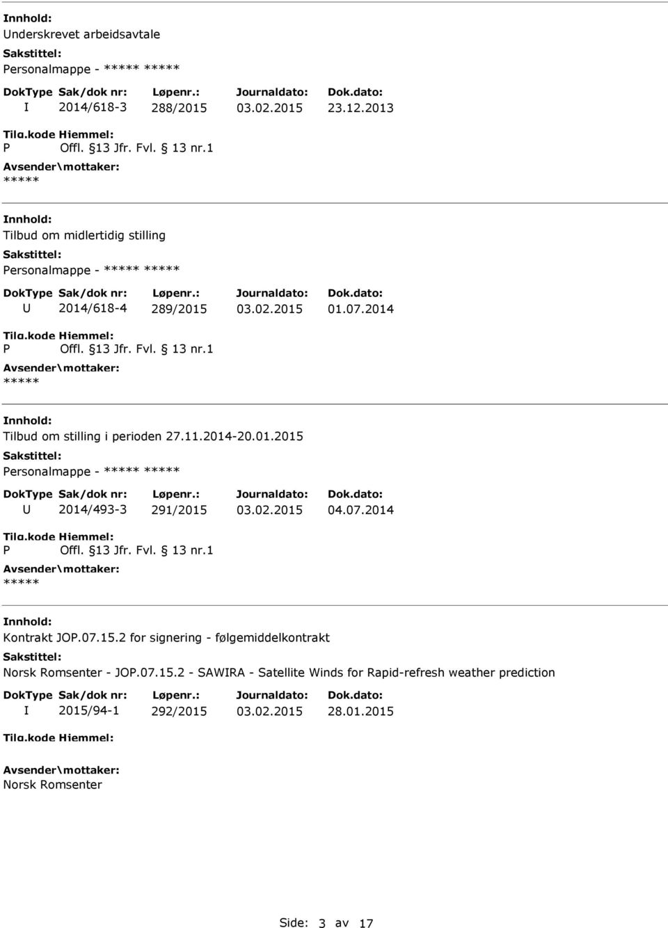 2014 Tilbud om stilling i perioden 27.11.2014-20.01.2015 ersonalmappe - 2014/493-3 291/2015 04.07.