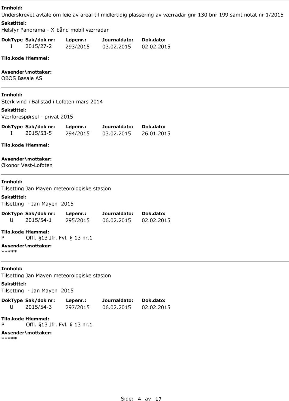 2014 Værforespørsel - privat 2015 2015/53-5 294/2015 26.01.2015 Økonor Vest-Lofoten Tilsetting Jan Mayen