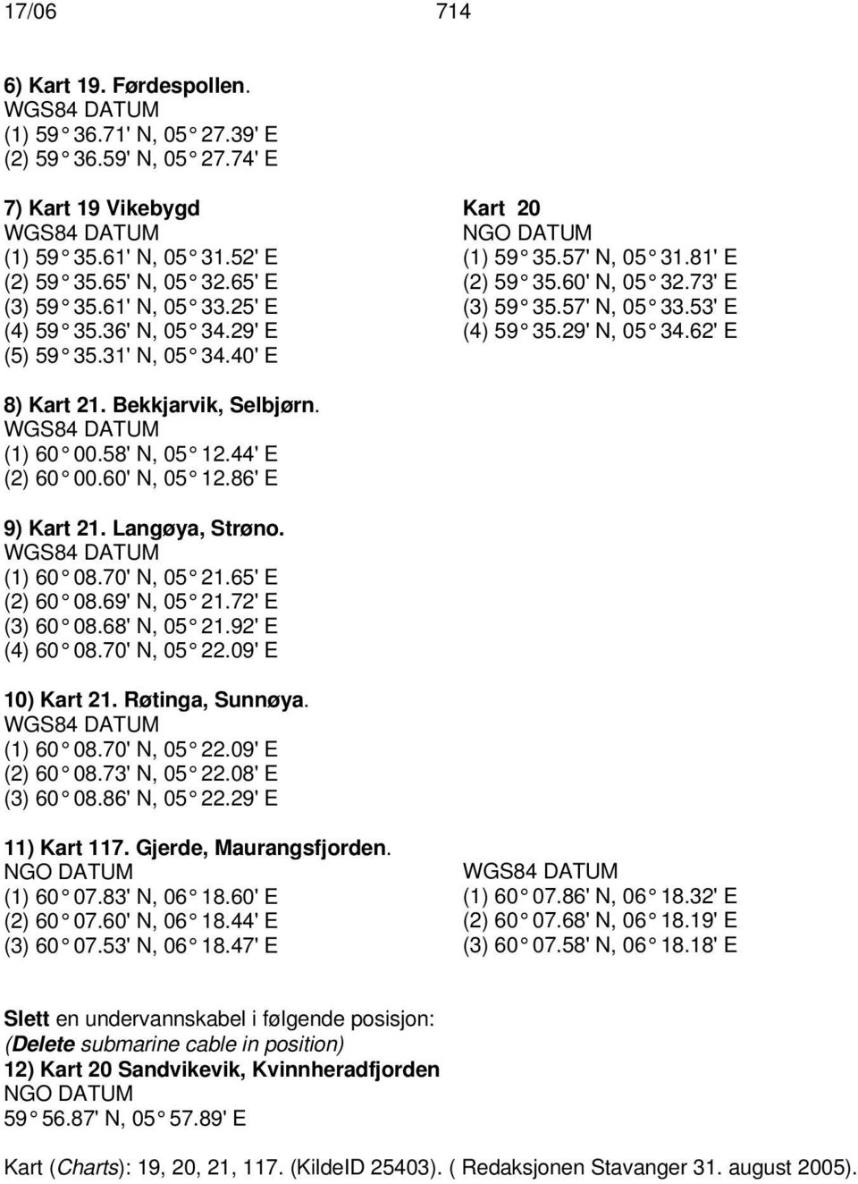 Bekkjarvik, Selbjørn. (1) 60 00.58'N, 05 12.44'E (2) 60 00.60'N, 05 12.86'E 9) Kart 21. Langøya, Strøno. (1) 60 08.70'N, 05 21.65'E (2) 60 08.69'N, 05 21.72'E (3) 60 08.68'N, 05 21.92'E (4) 60 08.