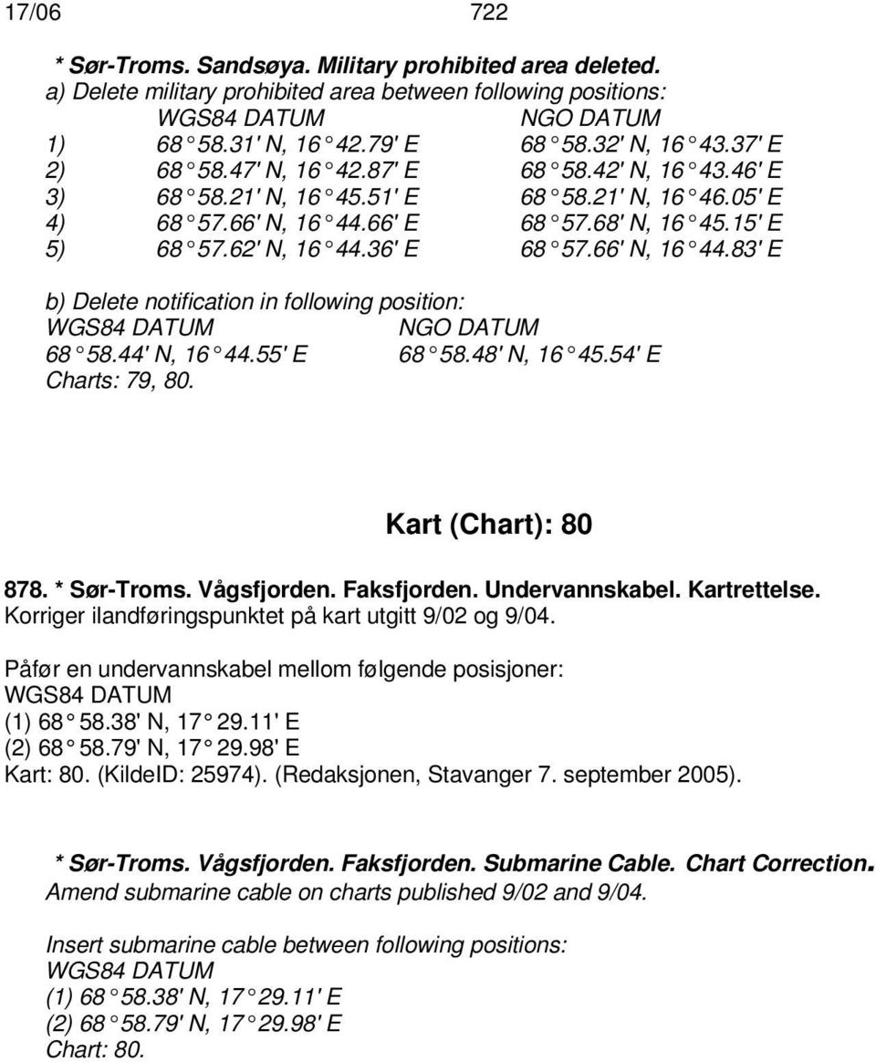 44' N, 16 44.55' E 68 58.48' N, 16 45.54' E Charts: 79, 80. Kart (Chart): 80 878. * Sør-Troms. Vågsfjorden. Faksfjorden. Undervannskabel. Kartrettelse.