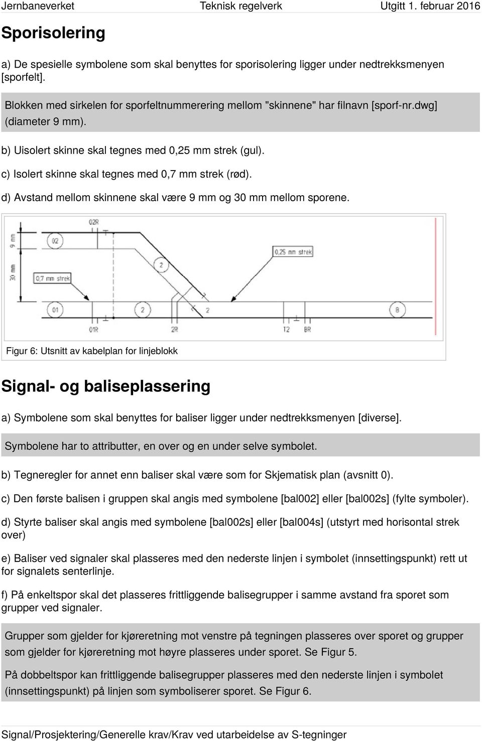 c) Isolert skinne skal tegnes med 0,7 mm strek (rød). d) Avstand mellom skinnene skal være 9 mm og 30 mm mellom sporene.