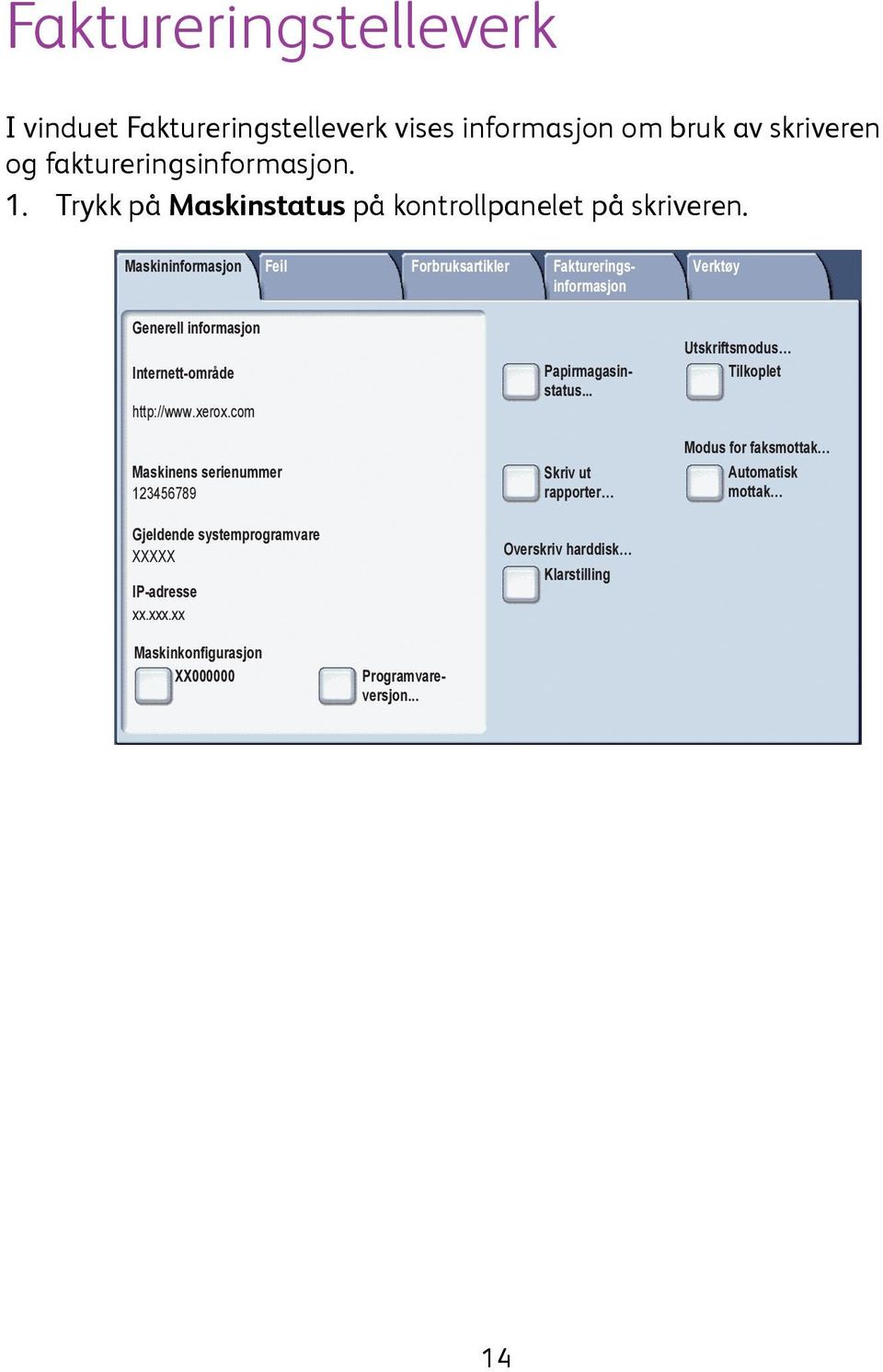 Maskininformasjon Feil Forbruksartikler Faktureringsinformasjon Verktøy Generell informasjon Internett-område http://www.xerox.