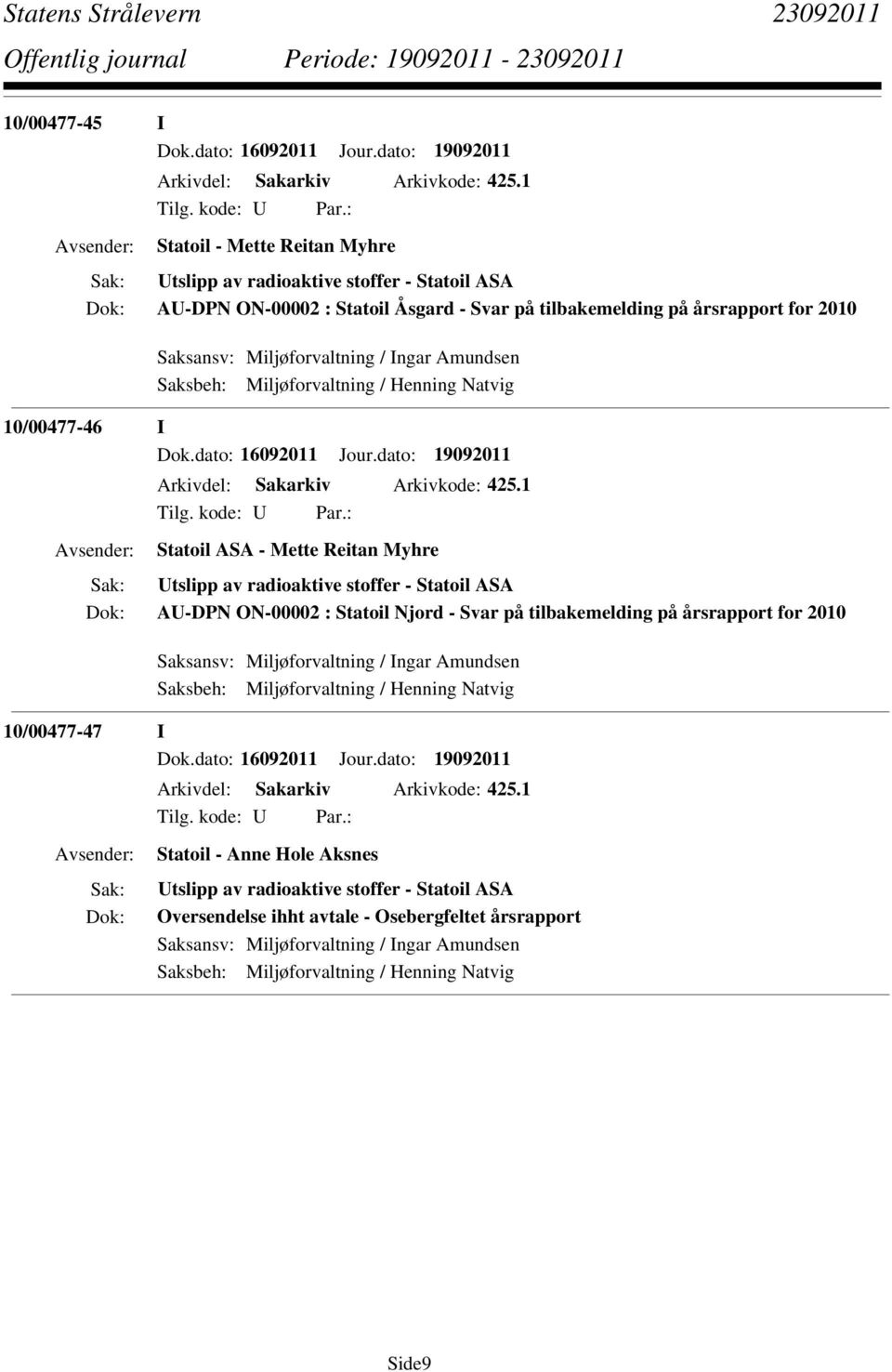 Amundsen Saksbeh: Miljøforvaltning / Henning Natvig 10/00477-46 I Dok.dato: 16092011 Jour.dato: 19092011 Arkivdel: Sakarkiv Arkivkode: 425.