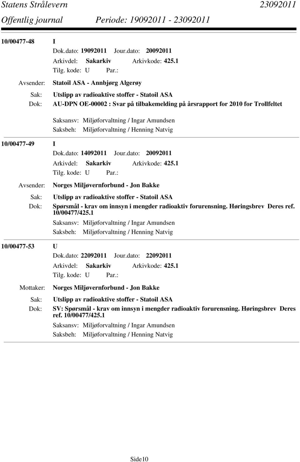 Amundsen Saksbeh: Miljøforvaltning / Henning Natvig 10/00477-49 I Dok.dato: 14092011 Jour.dato: 20092011 Arkivdel: Sakarkiv Arkivkode: 425.