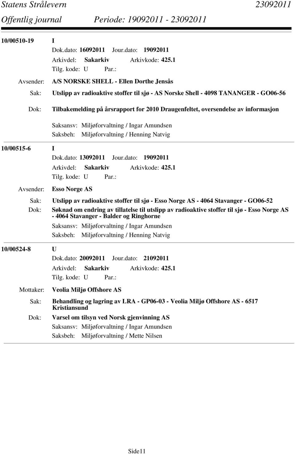 informasjon Saksansv: Miljøforvaltning / Ingar Amundsen Saksbeh: Miljøforvaltning / Henning Natvig 10/00515-6 I Dok.dato: 13092011 Jour.dato: 19092011 Arkivdel: Sakarkiv Arkivkode: 425.