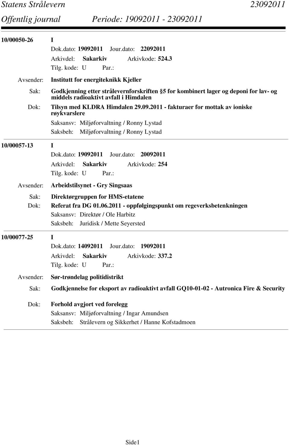 2011 - fakturaer for mottak av ioniske røykvarslere Saksansv: Miljøforvaltning / Ronny Lystad Saksbeh: Miljøforvaltning / Ronny Lystad 10/00057-13 I Dok.dato: 19092011 Jour.