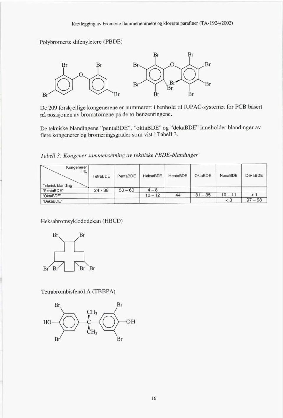 De tekniske blandingene "pentaßde", "oktaßde" og "dekaßde" inneholder blandinger av flere kongenerer og bromeringsgrader som vist i Tabell 3.