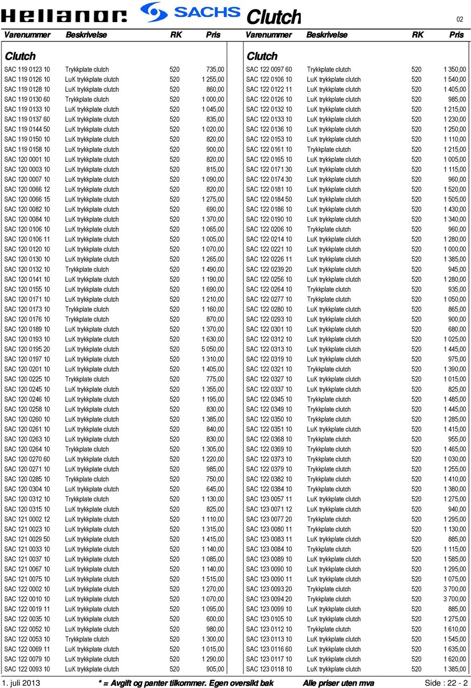 0158 10 LuK trykkplate clutch 520 900,00 SAC 120 0001 10 LuK trykkplate clutch 520 820,00 SAC 120 0003 10 LuK trykkplate clutch 520 815,00 SAC 120 0007 10 LuK trykkplate clutch 520 1 090,00 SAC 120