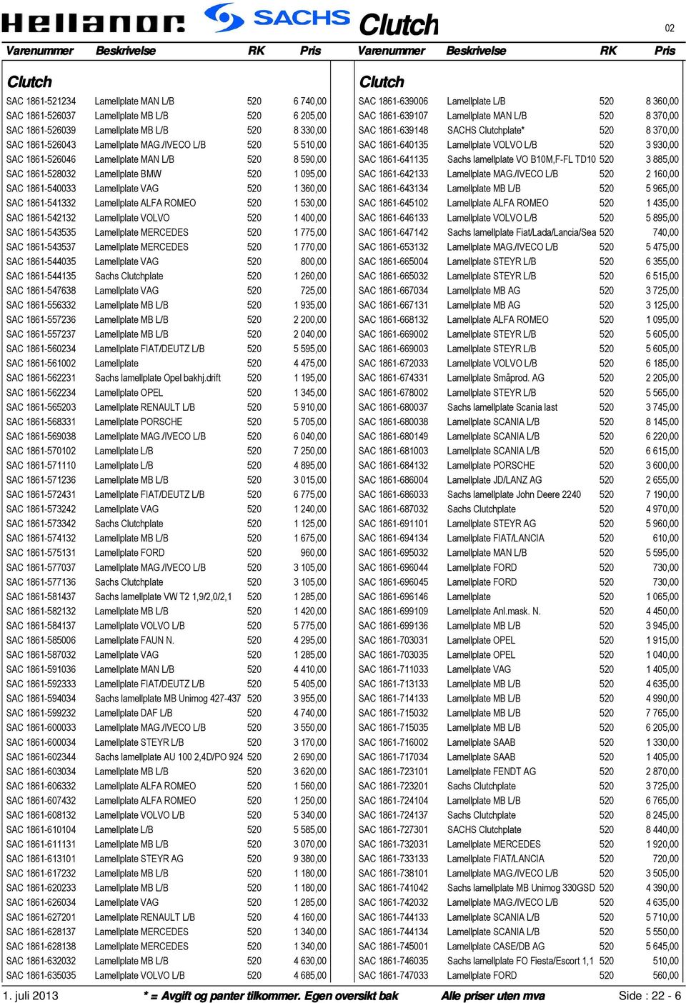 ROMEO 520 1 530,00 SAC 1861-542132 Lamellplate VOLVO 520 1 400,00 SAC 1861-543535 Lamellplate MERCEDES 520 1 775,00 SAC 1861-543537 Lamellplate MERCEDES 520 1 770,00 SAC 1861-544035 Lamellplate VAG