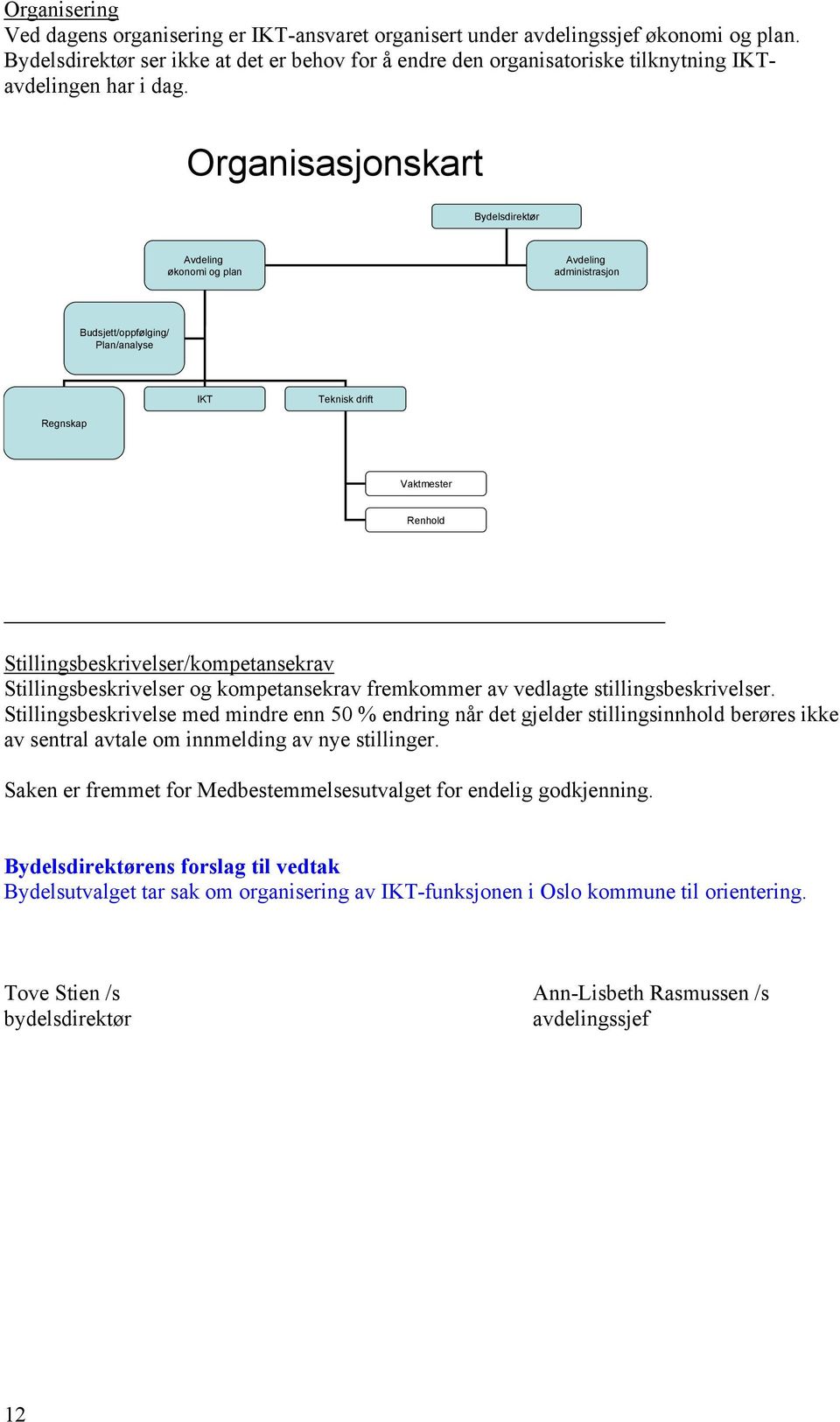 Organisasjonskart Bydelsdirektør Avdeling økonomi og plan Avdeling administrasjon Budsjett/oppfølging/ Plan/analyse IKT Teknisk drift Regnskap Vaktmester Renhold Stillingsbeskrivelser/kompetansekrav