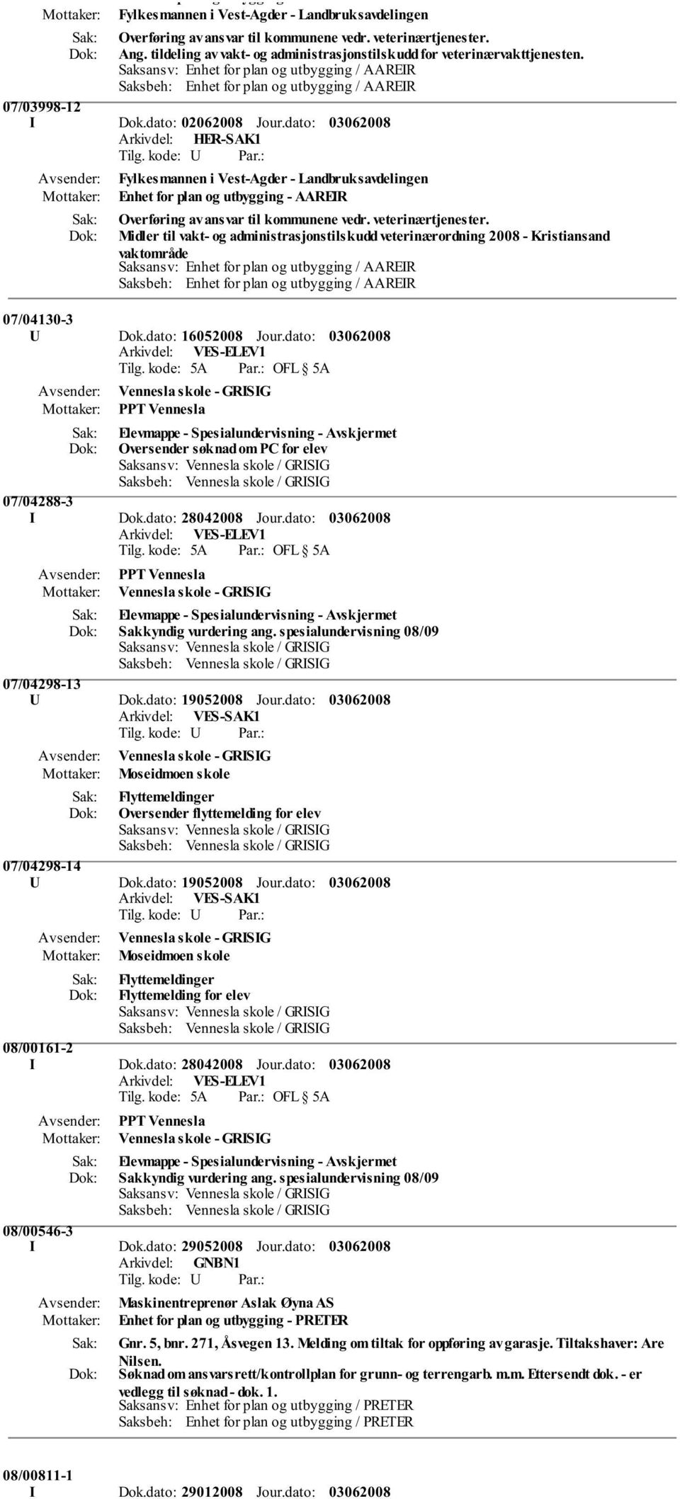 dato: 02062008 Jour.dato: Fylkesmannen i Vest-Agder - Landbruksavdelingen Enhet for plan og utbygging - AAREIR Overføring av ansvar til kommunene vedr. veterinærtjenester.