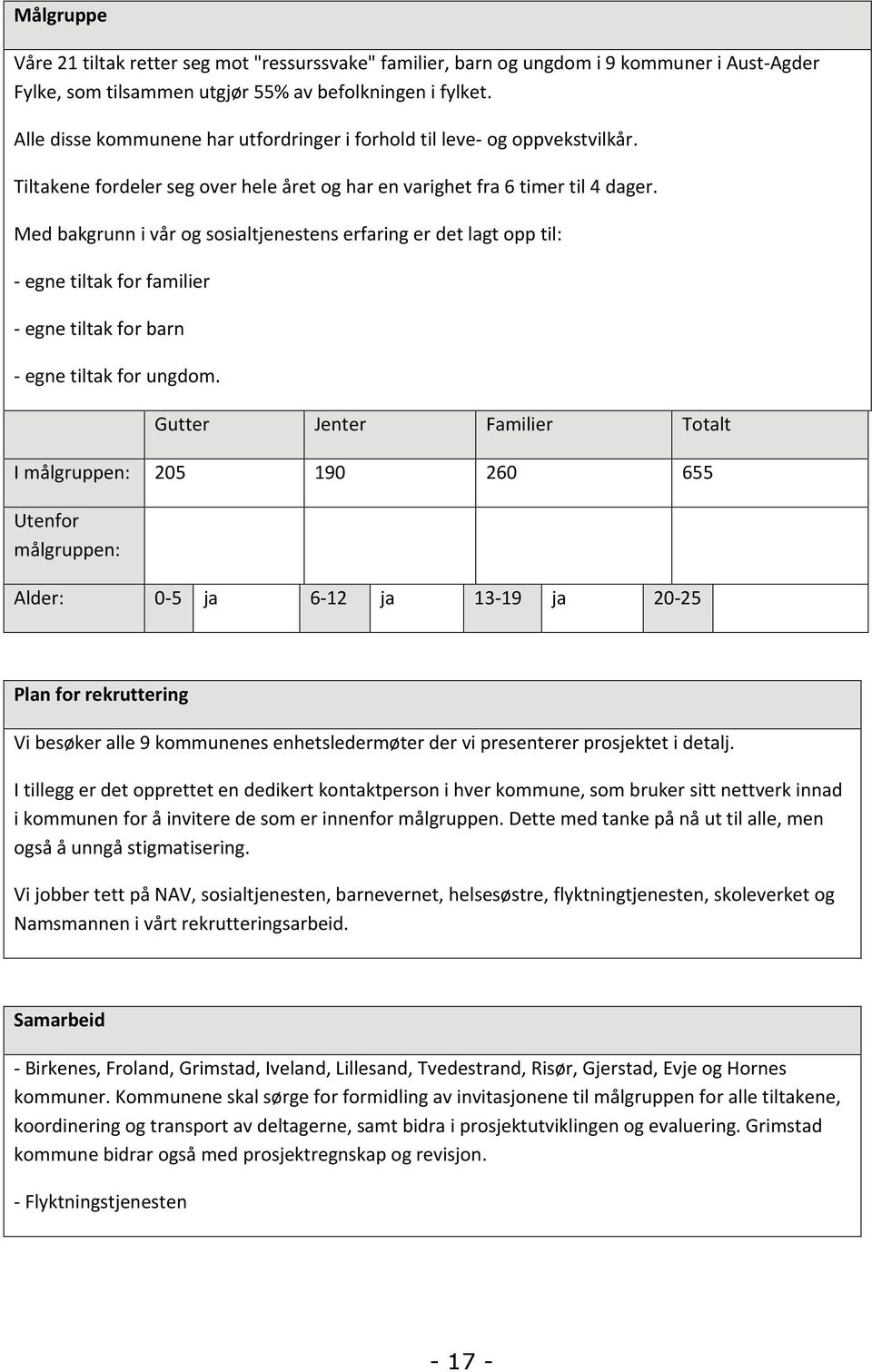 Med bakgrunn i vår og sosialtjenestens erfaring er det lagt opp til: - egne tiltak for familier - egne tiltak for barn - egne tiltak for ungdom.