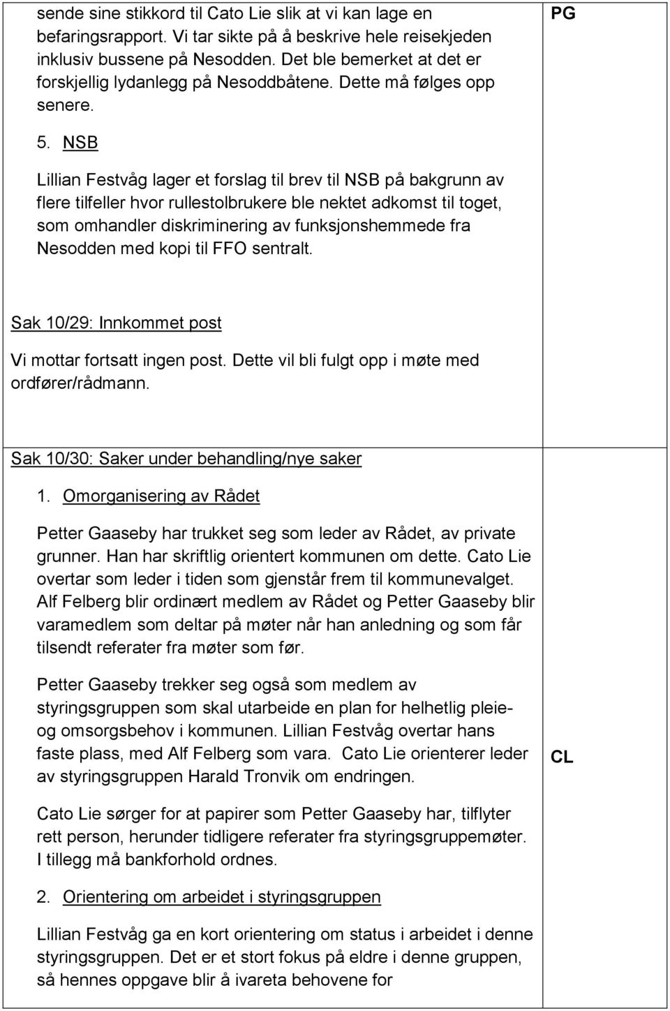 NSB Lillian Festvåg lager et forslag til brev til NSB på bakgrunn av flere tilfeller hvor rullestolbrukere ble nektet adkomst til toget, som omhandler diskriminering av funksjonshemmede fra Nesodden