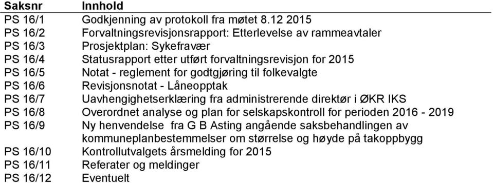 PS 16/5 Notat - reglement for godtgjøring til folkevalgte PS 16/6 Revisjonsnotat - Låneopptak PS 16/7 Uavhengighetserklæring fra administrerende direktør i ØKR IKS PS 16/8