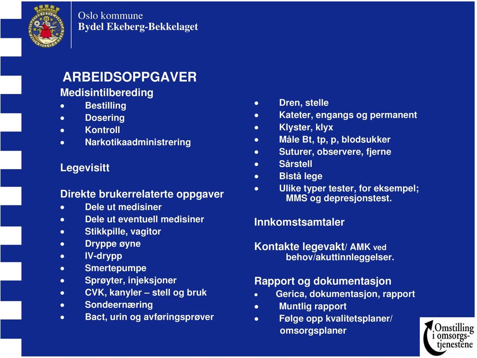 Kateter, engangs og permanent Klyster, klyx Måle Bt, tp, p, blodsukker Suturer, observere, fjerne Sårstell Bistå lege Ulike typer tester, for eksempel; MMS og depresjonstest.