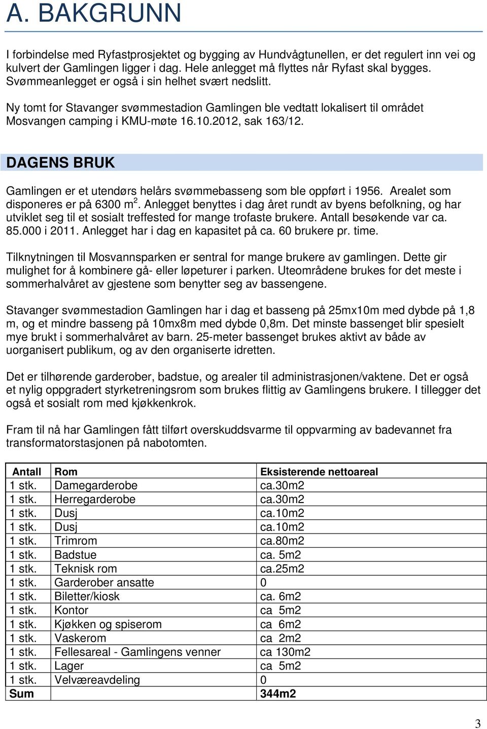 DAGENS BRUK Gamlingen er et utendørs helårs svømmebasseng som ble oppført i 1956. Arealet som disponeres er på 6300 m 2.