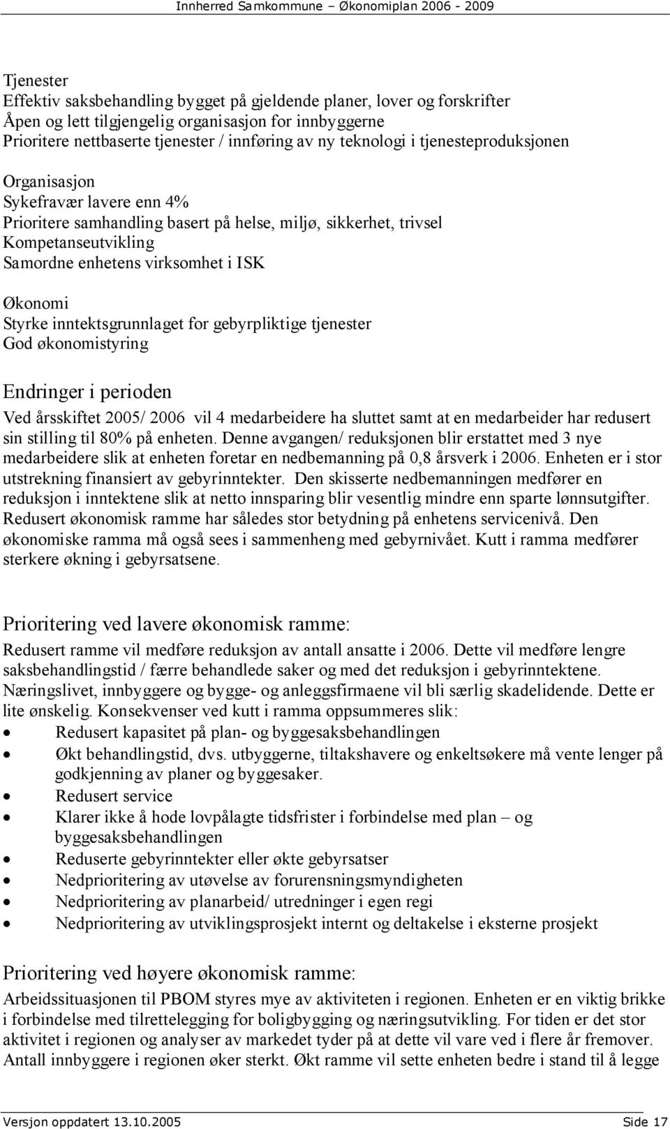 inntektsgrunnlaget for gebyrpliktige tjenester God økonomistyring Endringer i perioden Ved årsskiftet 2005/ 2006 vil 4 medarbeidere ha sluttet samt at en medarbeider har redusert sin stilling til 80%