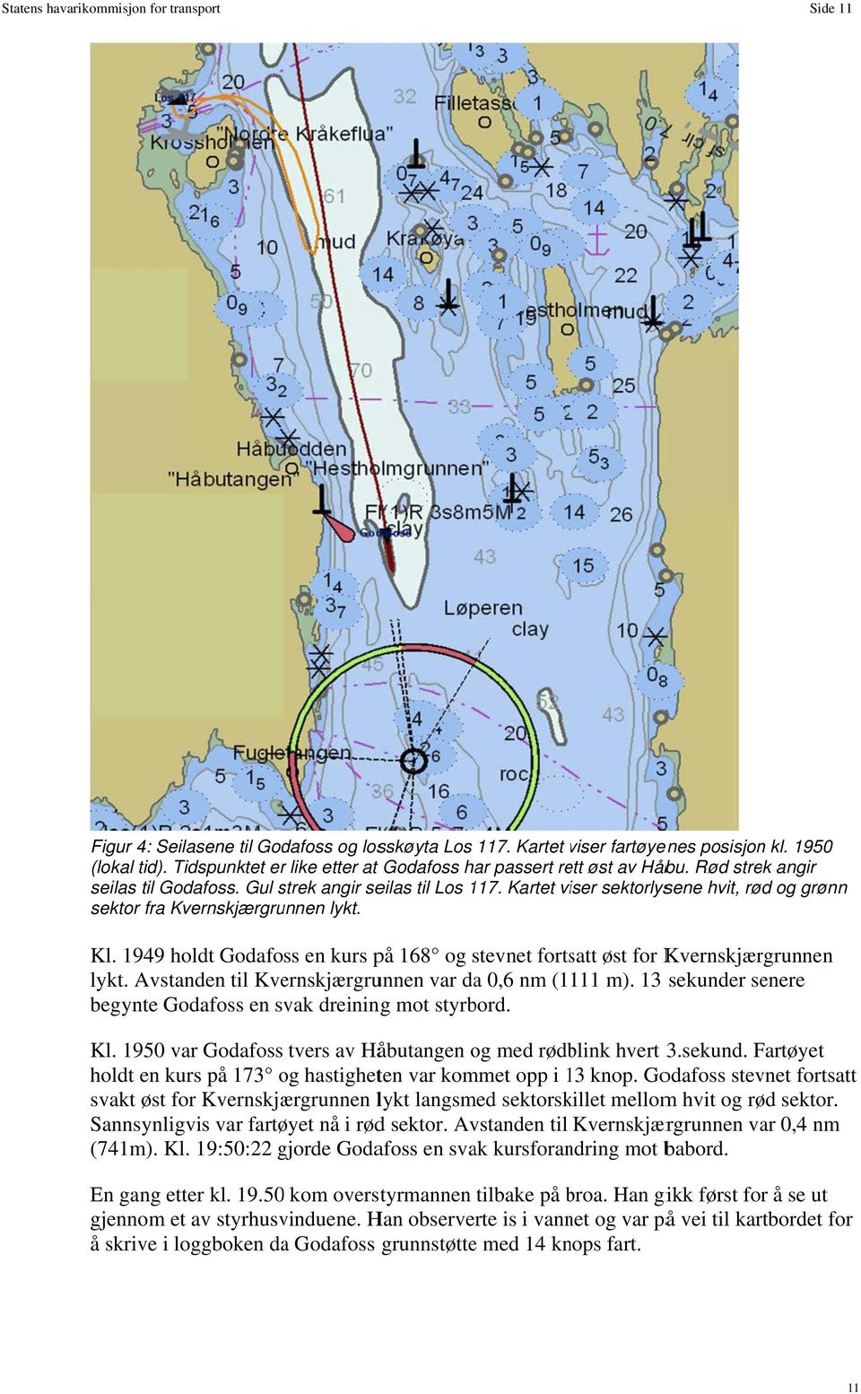 Kartet viser sektorlysene hvit, rød og grønn sektor fra Kvernskjærgrunnen lykt. Kl. 1949 holdt Godafoss en kurs på 168 og stevnet fortsatt øst for Kvernskjærgrunnen lykt.