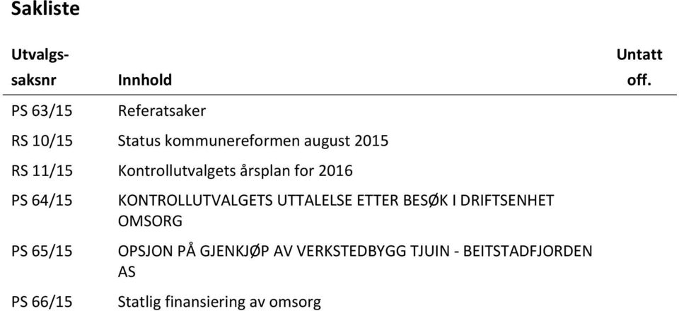 2016 PS 64/15 PS 65/15 PS 66/15 KONTROLLUTVALGETS UTTALELSE ETTER BESØK I