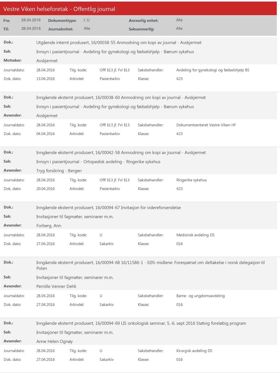 2016 Arkivdel: Pasientarkiv 423 Inngående eksternt produsert, 16/00038-60 Anmodning om kopi av journal - Innsyn i pasientjournal - Avdeling for gynekologi og fødselshjelp - Bærum sykehus